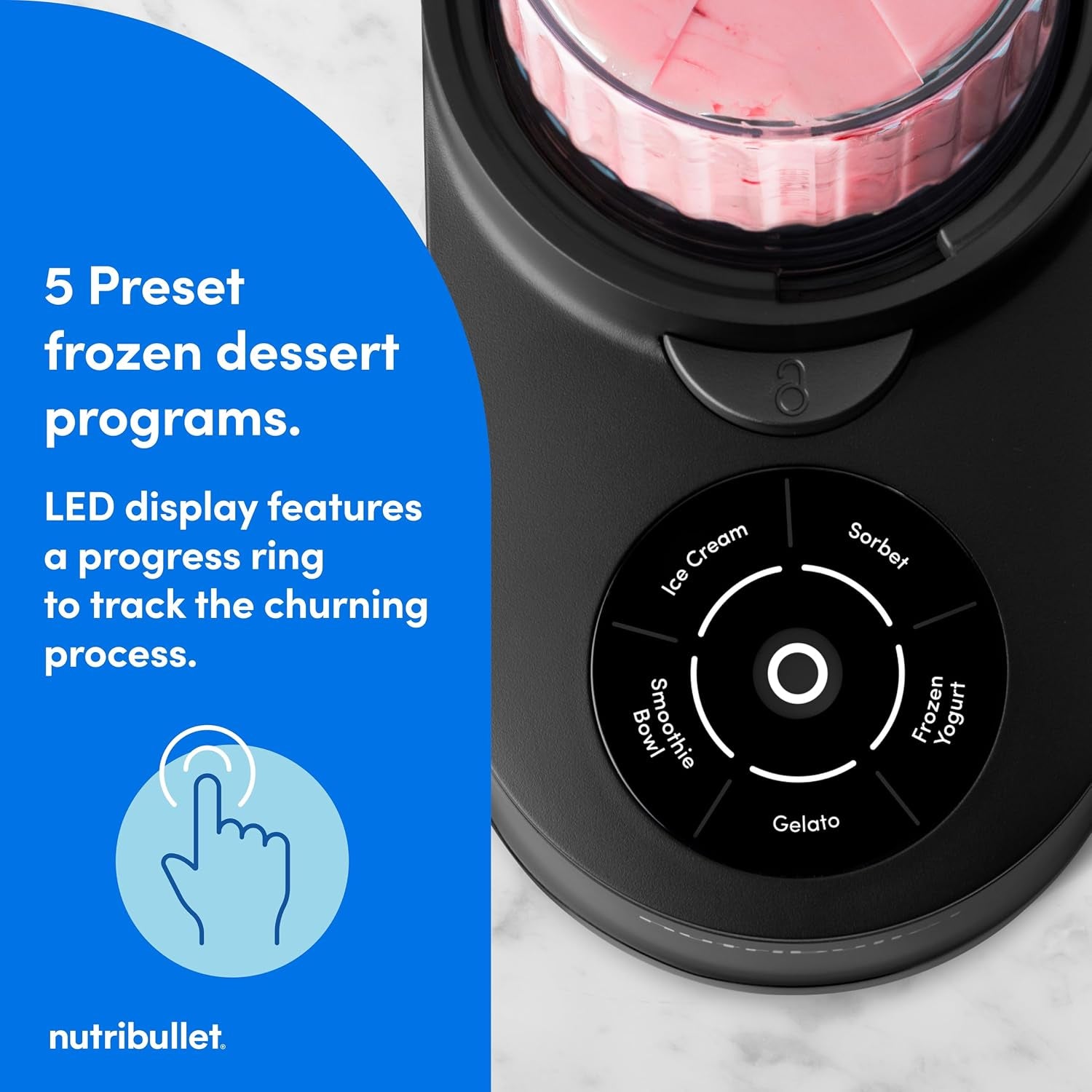 Nutribullet Chill Ice Cream Maker, for Gelato, Sorbet, Frozen Yogurt, Smoothie Bowls, Compact Size, (2) Dishwasher Safe 16 Oz. Pint Cups with Lids, Black, NBD50100AK