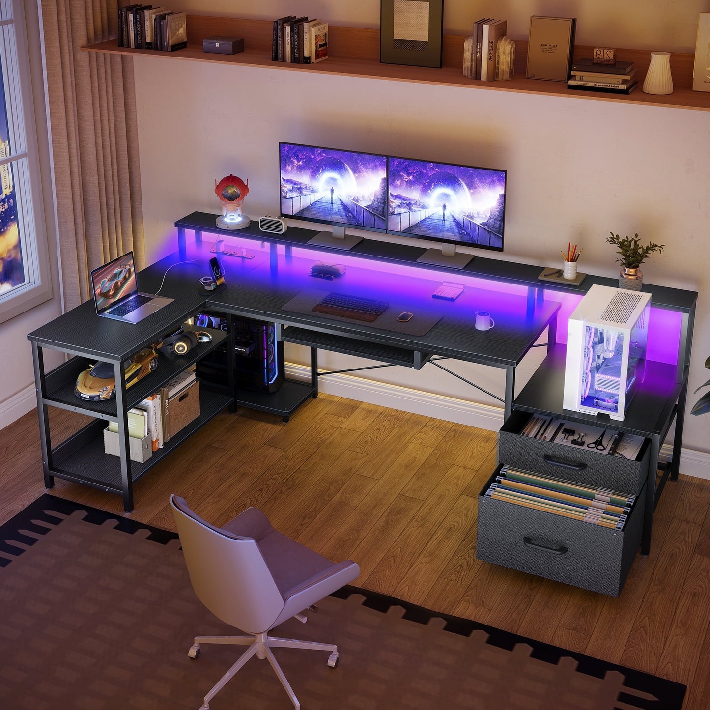 66" Reversible L Shaped Desk with File Drawer & Power Outlet, Modern Computer Desk with Keyboard Tray & LED Strip, Office Table with Storage Shelves, Gaming Desk with Monitor Shelf, Black