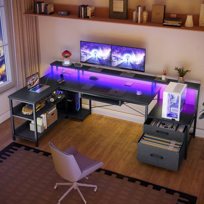 66" Reversible L Shaped Desk with File Drawer & Power Outlet, Modern Computer Desk with Keyboard Tray & LED Strip, Office Table with Storage Shelves, Gaming Desk with Monitor Shelf, Black