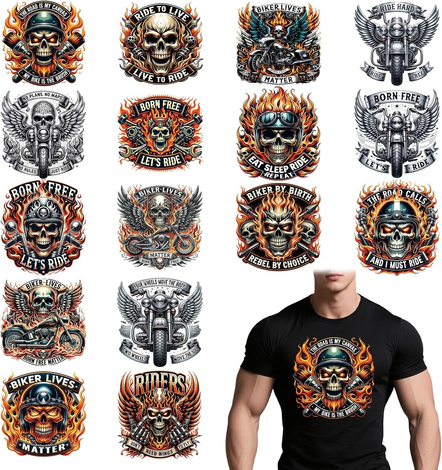 Dtf Transfers Ready to Press - 16 Pcs Motorbike Skull Iron on Transfers for T-Shirts Rider Biker Skull Heat Transfer Vinyl Decals Stickers Iron on Patches for Clothing Bag Hoodie DIY Crafts