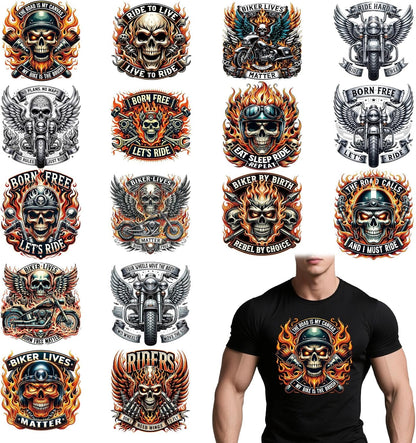 Dtf Transfers Ready to Press - 16 Pcs Motorbike Skull Iron on Transfers for T-Shirts Rider Biker Skull Heat Transfer Vinyl Decals Stickers Iron on Patches for Clothing Bag Hoodie DIY Crafts