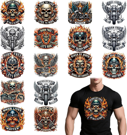 Dtf Transfers Ready to Press - 16 Pcs Motorbike Skull Iron on Transfers for T-Shirts Rider Biker Skull Heat Transfer Vinyl Decals Stickers Iron on Patches for Clothing Bag Hoodie DIY Crafts