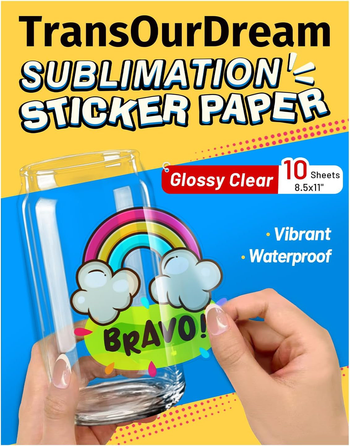 Transourdream Sublimation Sticker Paper-10 Pcs 100% Glossy Clear Waterproof Sublimation Stickers 8.5X11 for Sublimation Inkjet Printer with Sublimation Ink, Decoration for Mugs, Phone Cases, Tumbler