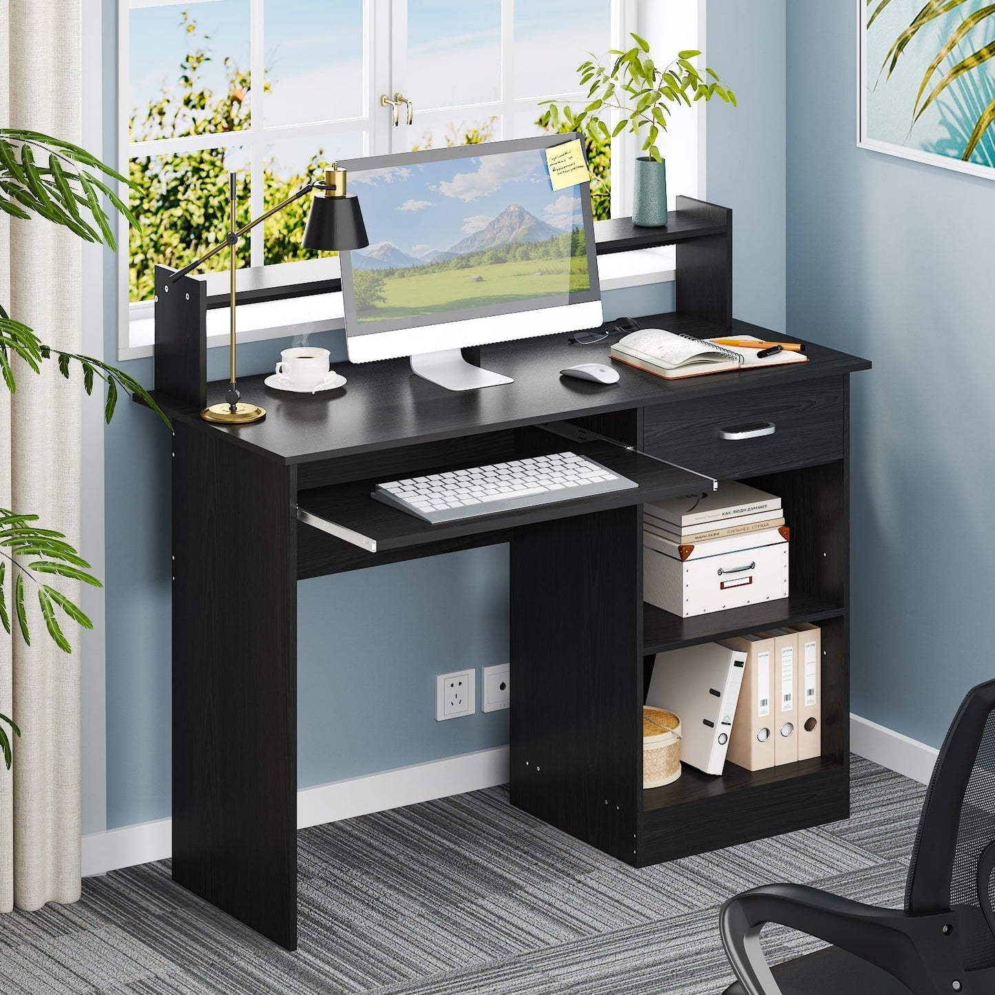 Wood Computer Desk Office Black Laptop PC Work Table Home Drawer & Keyboard Tray