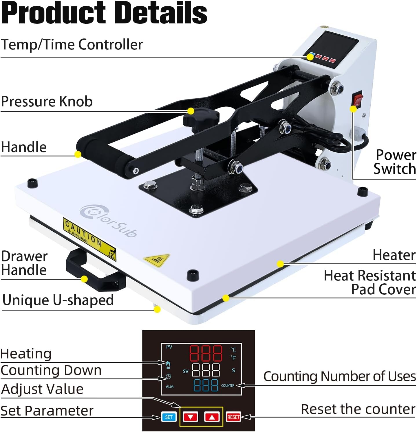 Heat Press Machine for T-Shirt 15X15, Digital Industrial Quality Heat Press Machine Clamshell Transfer Sublimation Print Press Machine White