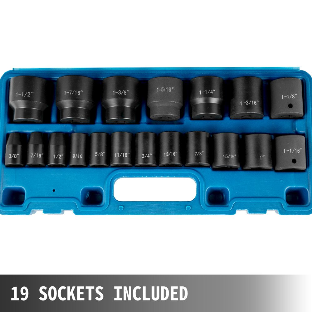 Impact Socket Set 1/2", 19 Piece Impact Sockets, Standard Socket Assortment, 1/2 " Drive Socket Set Impact Standard SAE (3/8" to 1-1/2" ) 6-Point Hex Sockets