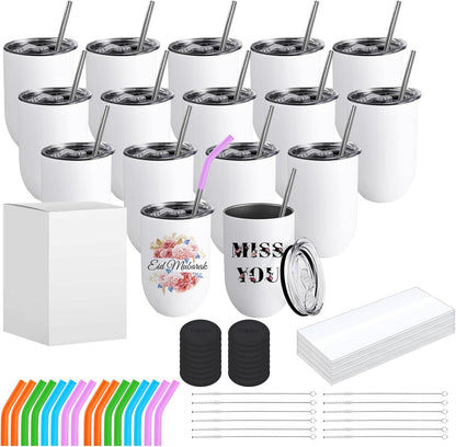Colorsub Sublimation Straight Wine Tumblers 12Oz, 16 Pack Stainless Steel Double Wall Sublimation Blanks Wine Cups with Lids & Straws, Brush, Shrink Wrap, Silicone Straw Tips, Gift Box
