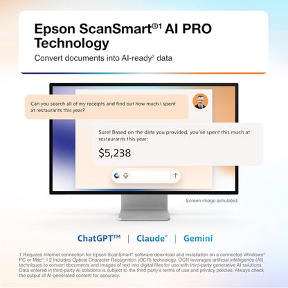 Epson Rapidreceipt RR-620W Wireless & USB High-Speed AI & Cloud Ready Desktop Color Duplex Receipt & Document Scanner for Mac & PC, up to 45 Ppm, 4.3" Color Touchscreen, 100-Page Auto Document Feeder