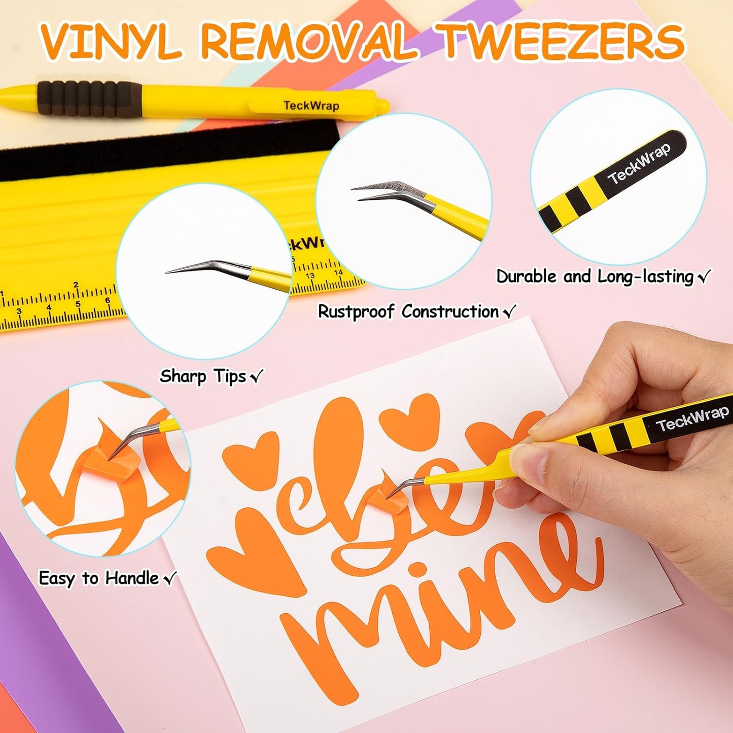 Vinyl Craft Tool Kit – Retractable Pin Pen, 6" Felt Squeegee for Vinyl with Ruler & Precision Tweezers for Decals, HTV & Iron-On Projects