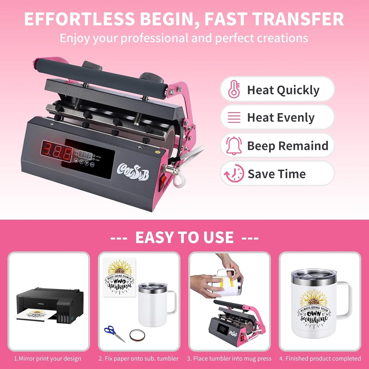 Tumbler Heat Press Machine, Mug Press Machine for 30Oz 20Oz, Sublimation Blank Skinny Tumbler Glass Jar Can 11-16Oz Mugs, Heat Transfer Print for Sublimation Tumblers, Cups, Mugs Hot Pink