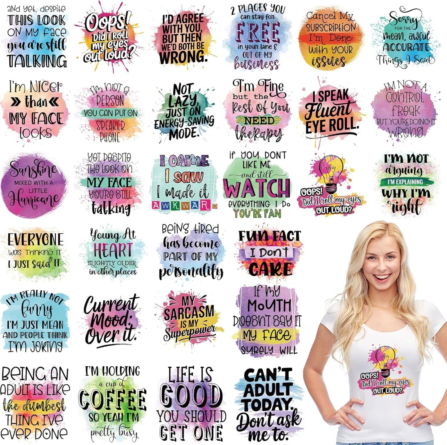 Funny Iron on Transfers for T-Shirts, 30 Pcs Funny DTF Transfers Ready to Press, Sarcasm Quotes Iron on Decals, Humorous Heat Transfer Vinyl for Bag Pillow Clothing