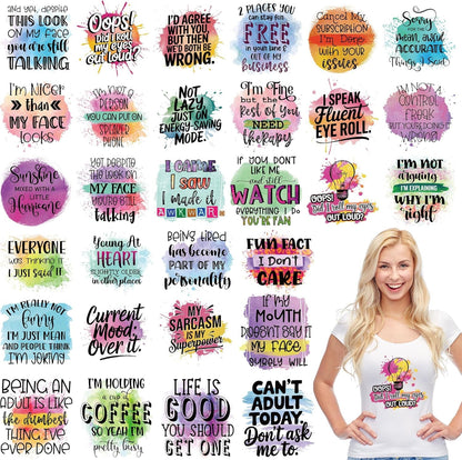 Funny Iron on Transfers for T-Shirts, 30 Pcs Funny DTF Transfers Ready to Press, Sarcasm Quotes Iron on Decals, Humorous Heat Transfer Vinyl for Bag Pillow Clothing