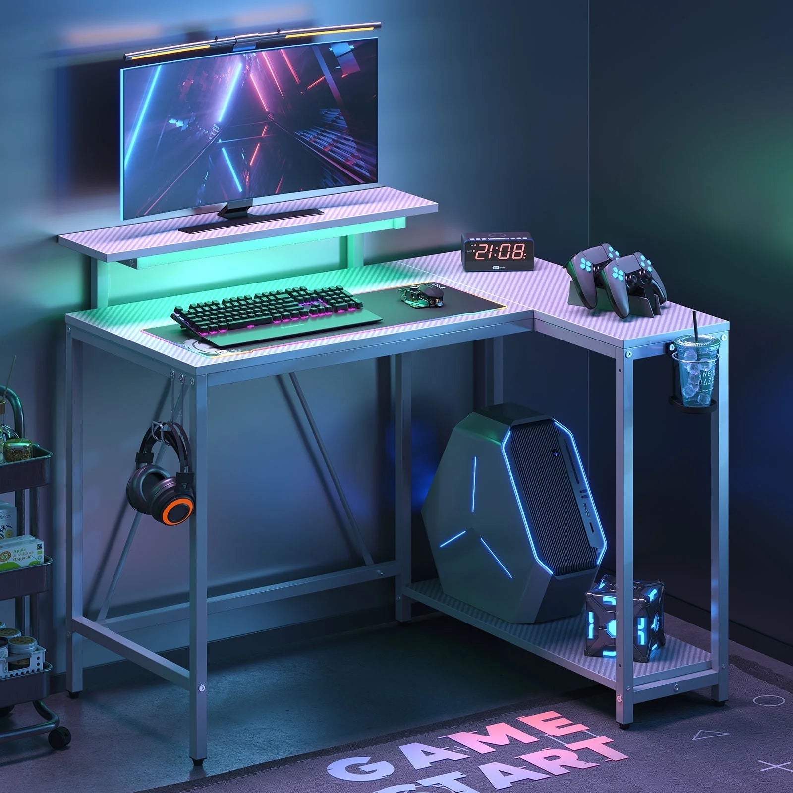 42" Small Corner Computer Desk with Monitor Stand, Cup Holder& Headset Hooks, Home Office, Carbon Fiber Gray