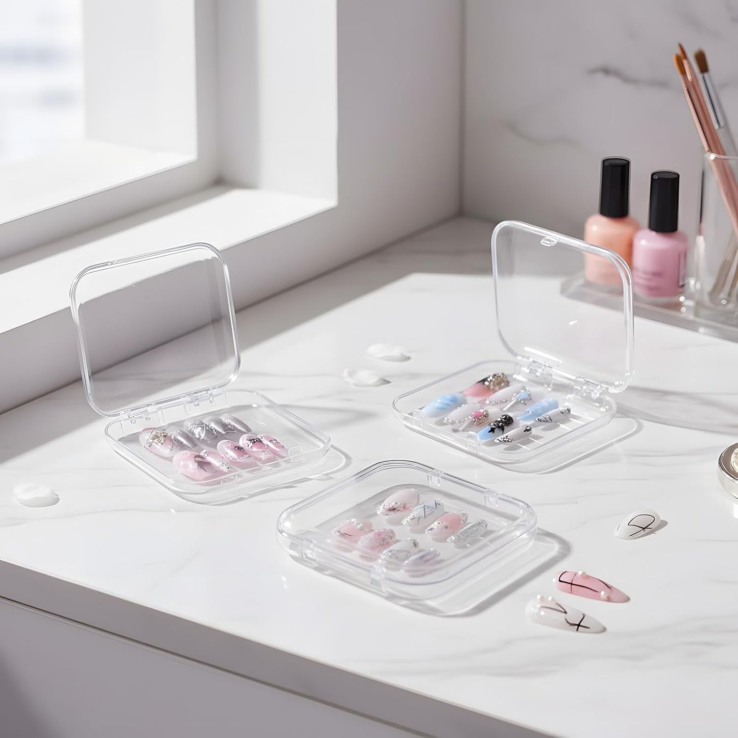 12 Pcs Press on Nail Storage Box with 60 Pcs Double Sided Adhesive Tapes, Nail Packaging Boxes Fake Nail Display Case Crystal Clear Nail Storage Box with Gift Box for Nail Art Business Nail Salon