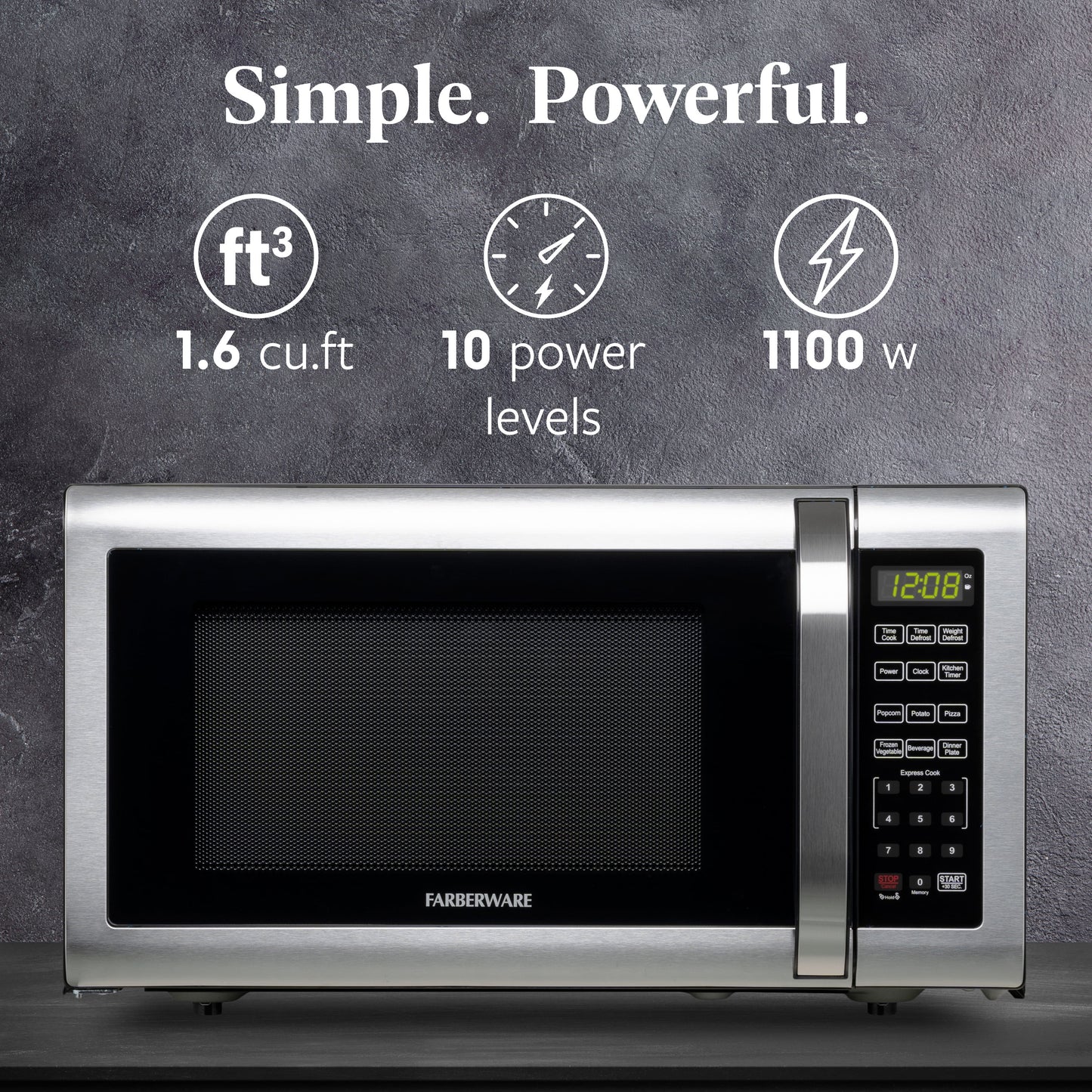1.6 Cu. Ft Countertop Microwave Oven, 1100 Watts, Stainless Steel
