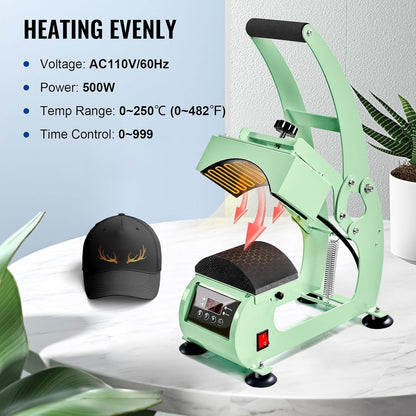 Heat Press Machine for Hats with 2Pcs Interchangeable Heating Platens(5.5"X3.8", 5"X3.4"), Curved Element Press Clamshell, LCD Digital Timer Temperature Control for HTV and Sublimation-Green