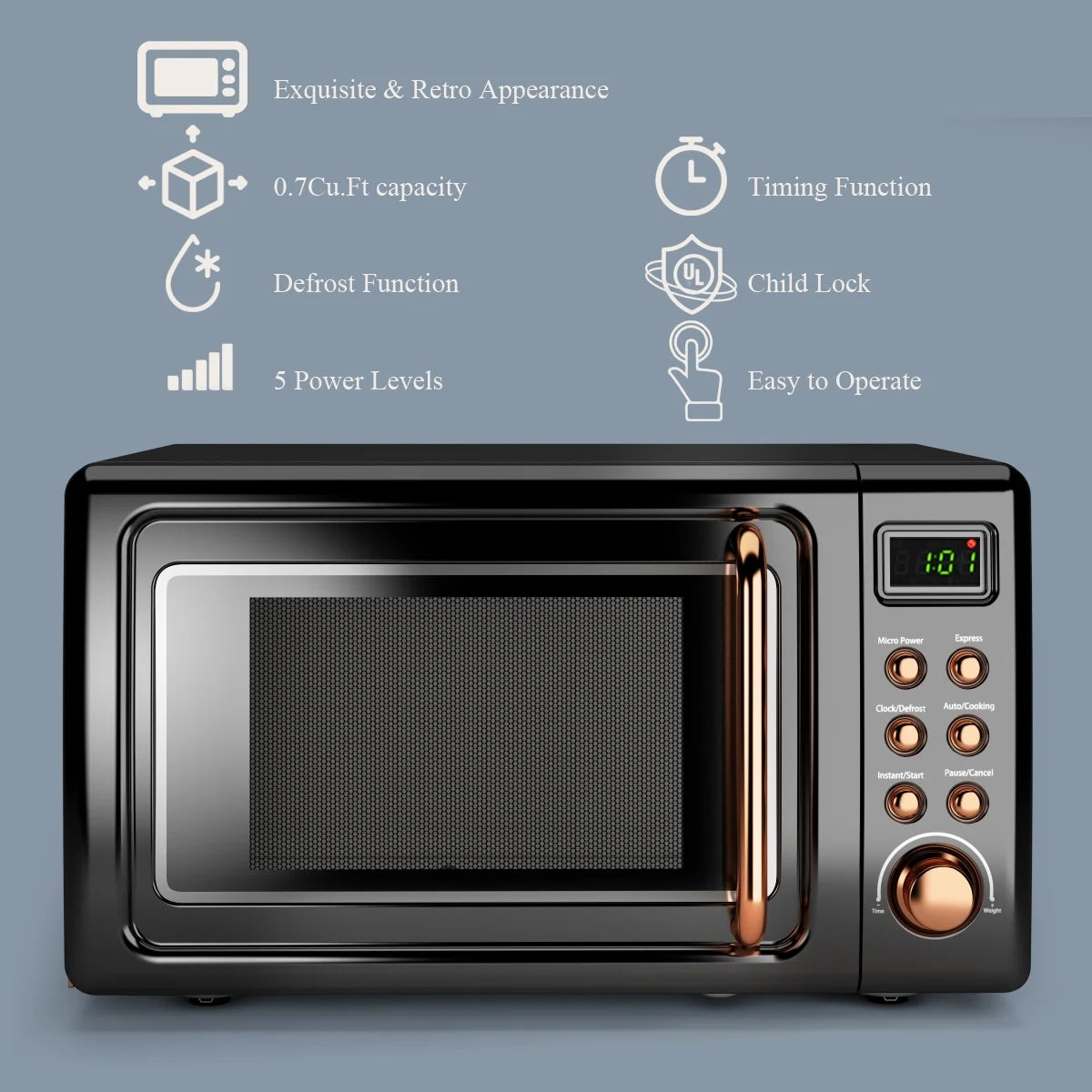 0.7Cu.Ft Retro Countertop Microwave Oven 700W LED Display Glass Turntable Rose Gold