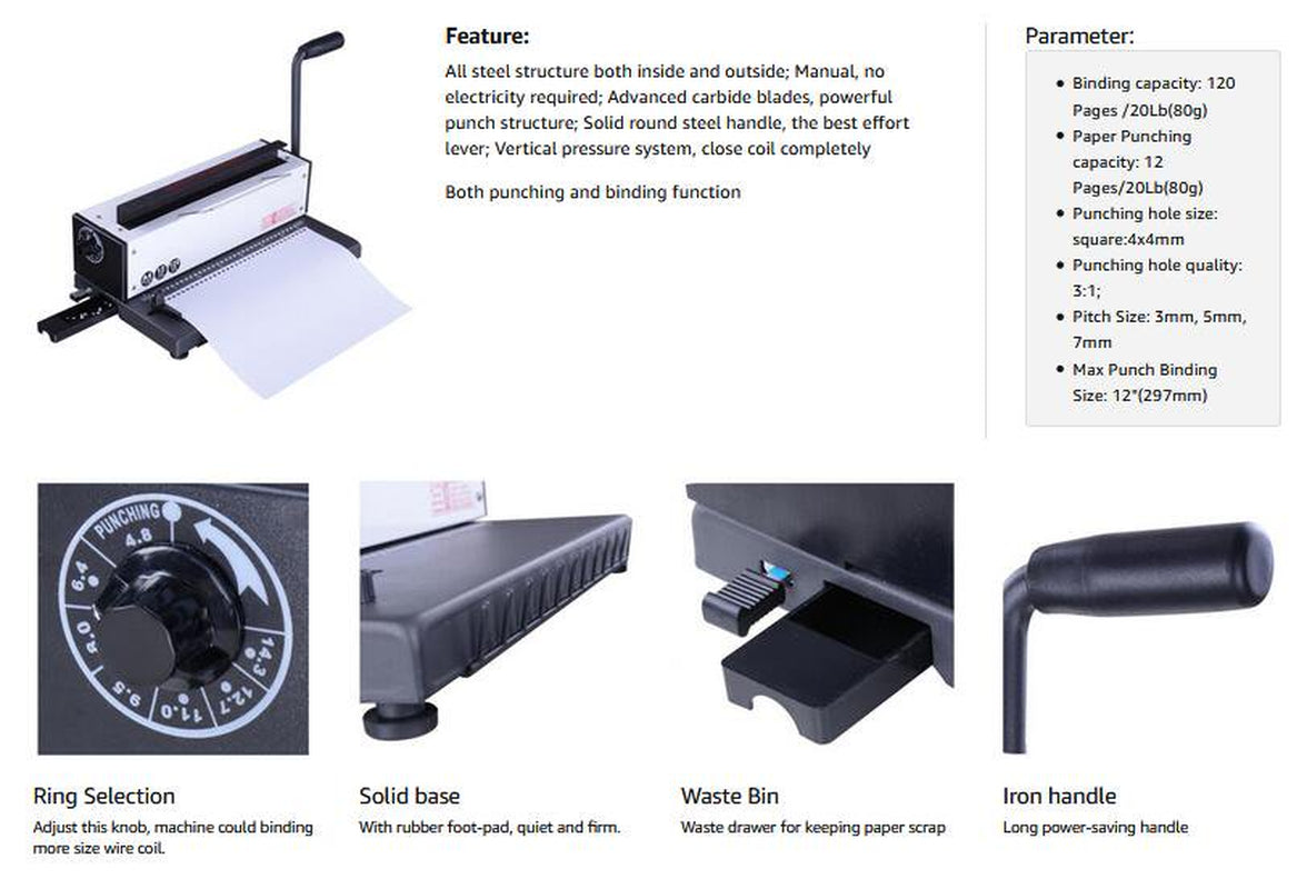 34Holes Punching Binding Machine All Steel Metal Spiral Coil Binder Puncher #026721