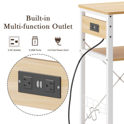 Kitchen Trolley 3-Tier Muti-Functional Kitchen Baker Rack with USB Port and Light Strip- Oak