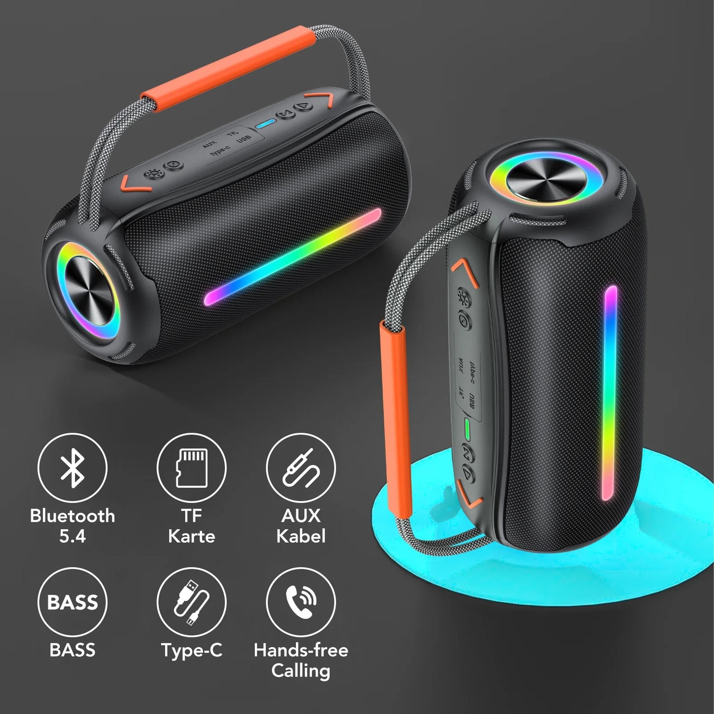 Bluetooth Speaker, Wireless Ultra Bluetooth Speaker with 66Mm Drivers, 4000Mah Battery 24Hrs Playtime, RGB Lights, BT5.4, IP7 Waterproof, AUX, TF Card, Suitable for Home/Party/Outdoor/Beach, Gift