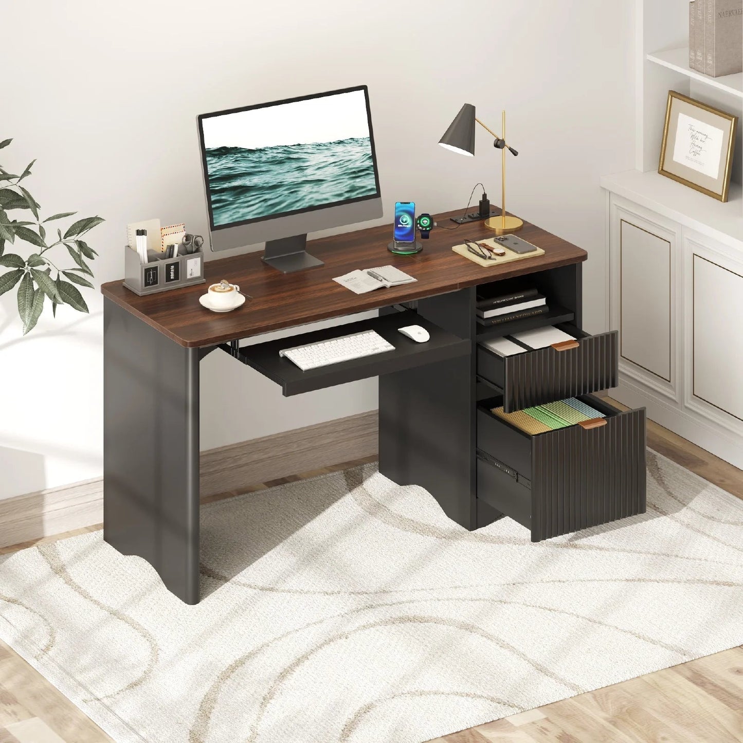 55" Computer Writing PC Desk Home Office with Power Outlets Keyboard Tray and Storage Drawers, Black