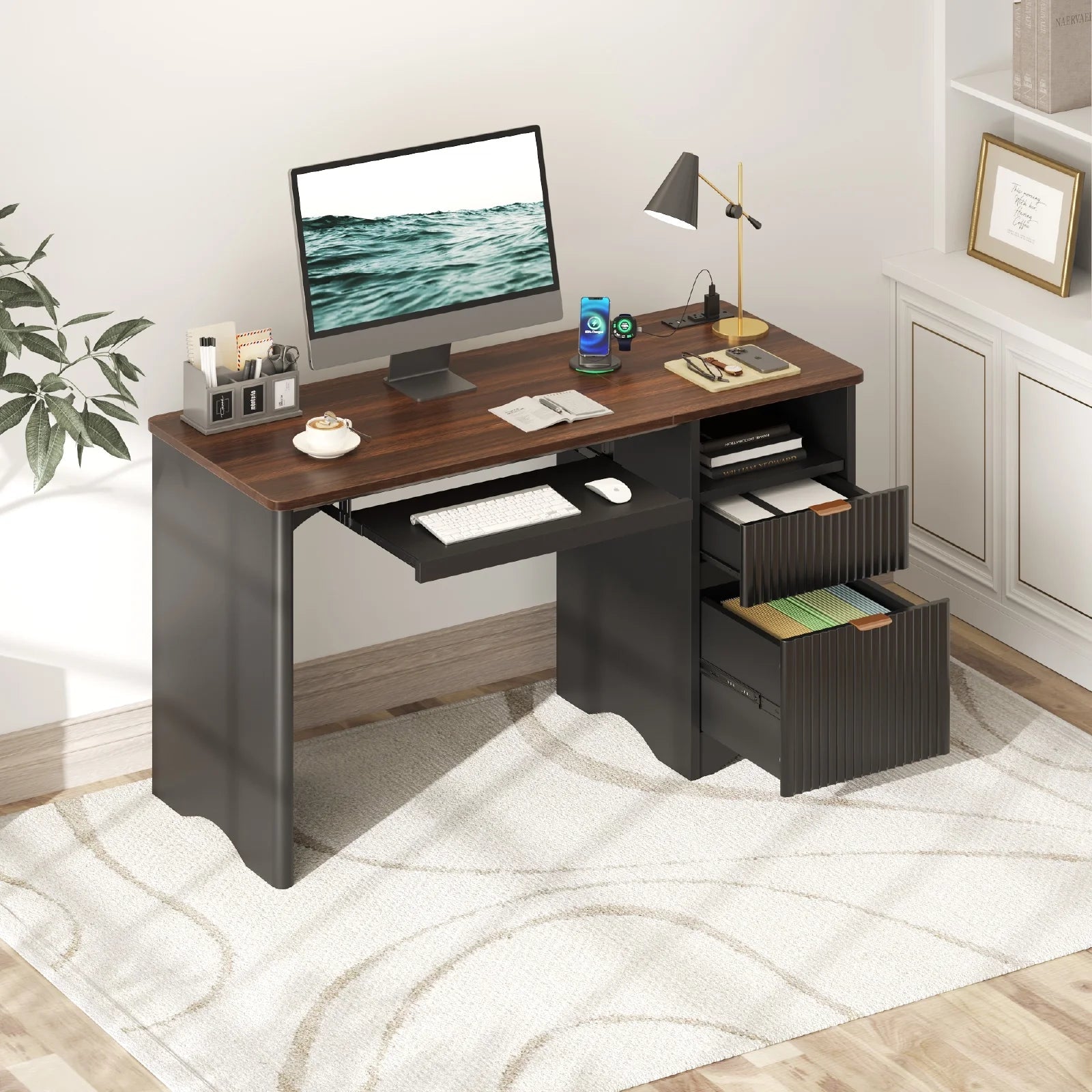 55" Computer Writing PC Desk Home Office with Power Outlets Keyboard Tray and Storage Drawers, Black