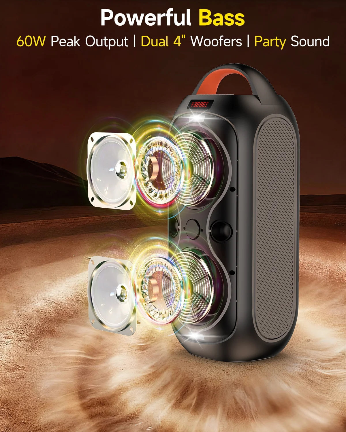 Bluetooth Party Speaker -60W Peak Loud Wireless TWS Portable Speaker with Handle, Beat-Driven Light Show, Splash-Resistant (XP3) for Outdoor Camping, Beach, Garage, Patio Parties