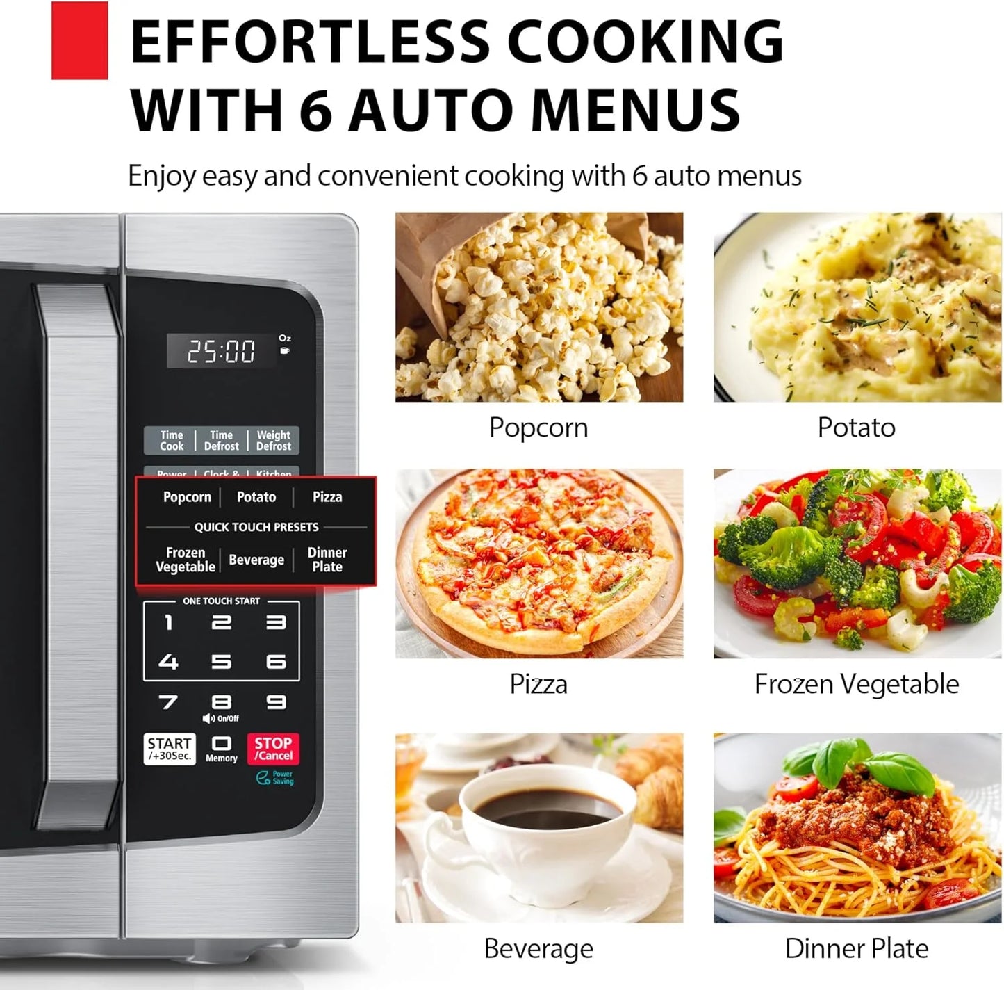 0.9 Cu Ft Microwave Oven, 6 Auto Menus, Mute Function, Child Lock, 900W, Stainless Steel