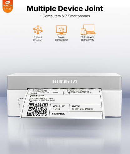Rongta Shipping Thermal Label Printer, Bluetooth 4X6 Sticker Label Maker Wireless Shipping Label Printer for Package Small Business Compatible with Windows Macos Android Ios (White)