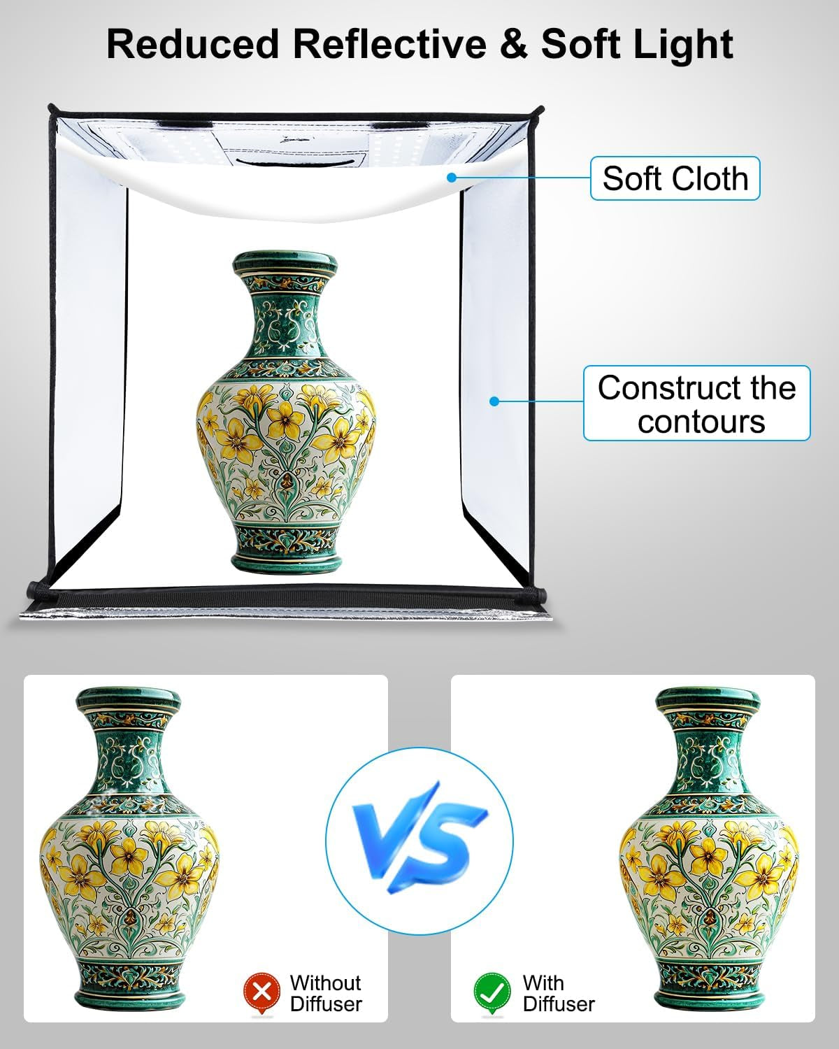 Photo Box, PULUZ 24"X24" Photo Studio Light Box for Photography Portable Large Lightbox Photo Booth Kit with 6 Colors Photo Backdrops-Dimmable 120Pcs LED Beads, 5500K Lighting, US Plug