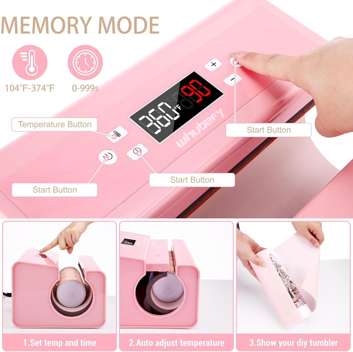 Whubefy Auto Tumbler Heat Press Machine, Pink Mug Heat Press for 10-30Oz 2.9-3.34 Inch Heating Even & Fast, Pro Tumbler Press Machine with Starter Kit, Sublimation for Tumbler, Glass Jar, Can & Mugs