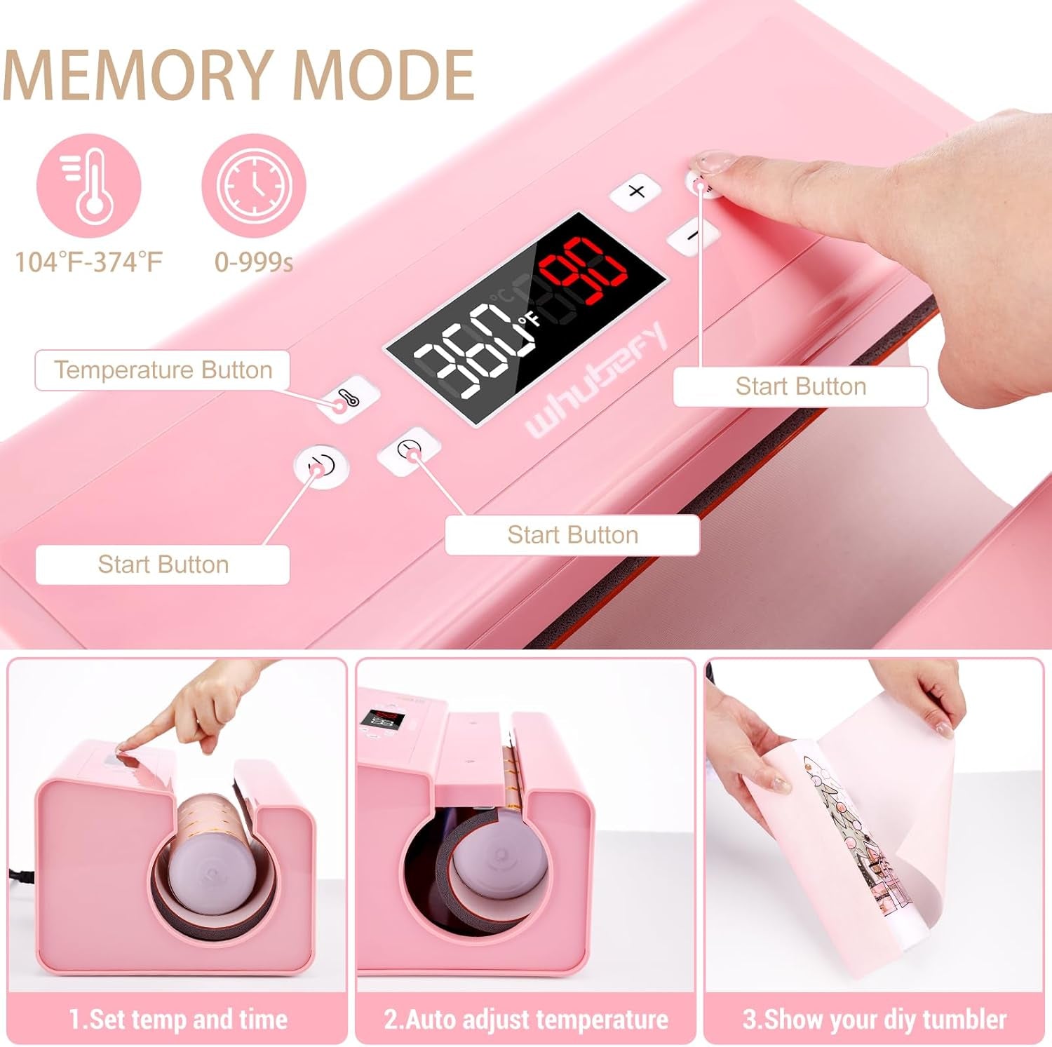 Whubefy Auto Tumbler Heat Press Machine, Pink Mug Heat Press for 10-30Oz 2.9-3.34 Inch Heating Even & Fast, Pro Tumbler Press Machine with Starter Kit, Sublimation for Tumbler, Glass Jar, Can & Mugs