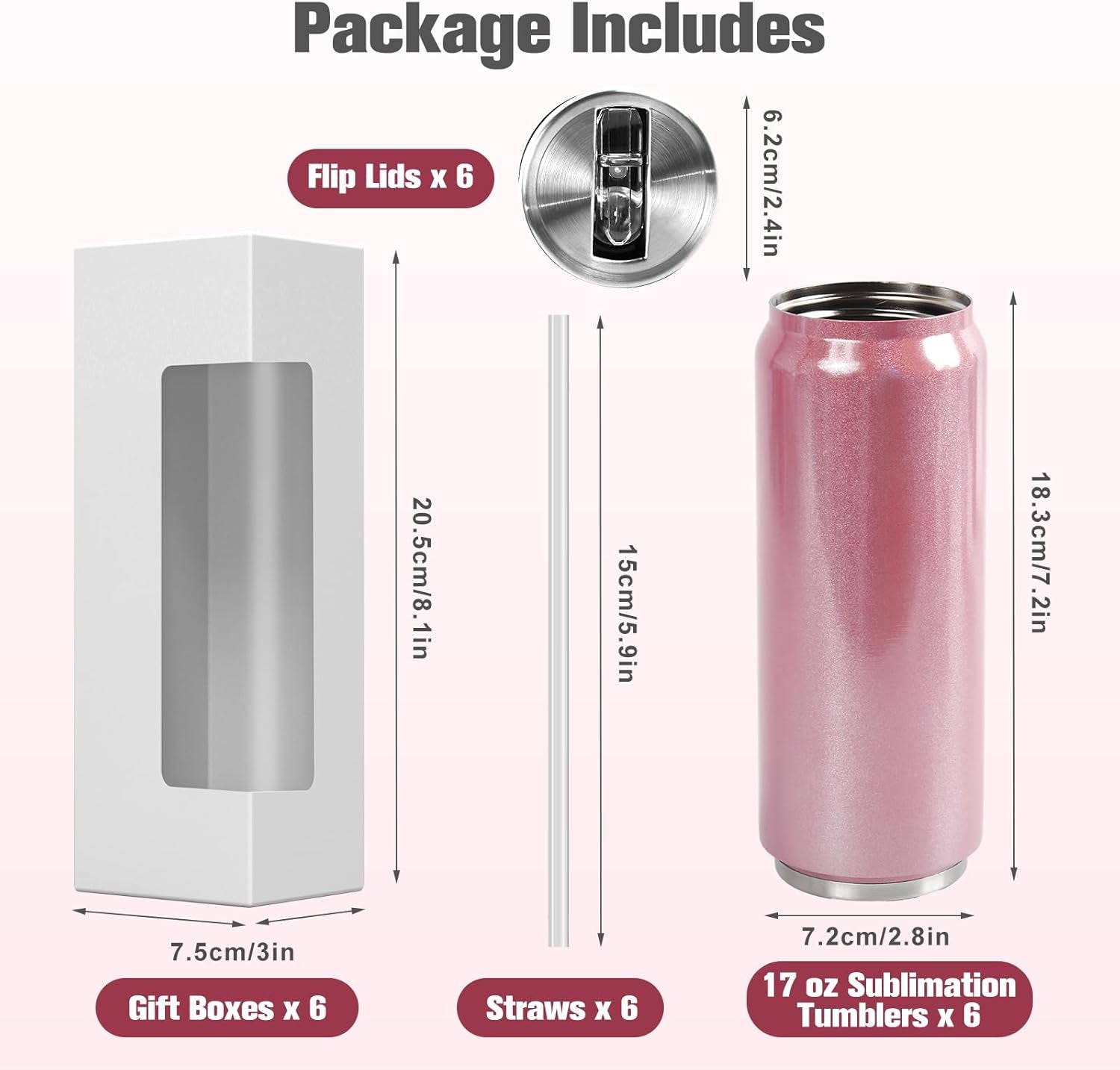 Colorsub 17 Oz Sublimation Glitter Tumblers Cans, Stainless Steel Sublimation Blanks Tumblers, Double Wall Insulated Cups Set with Lid, Straw, Gift Box, 6 Pack Pink