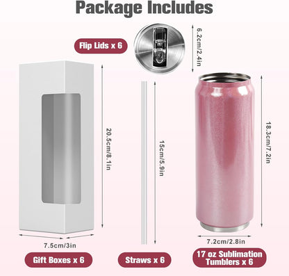 Colorsub 17 Oz Sublimation Glitter Tumblers Cans, Stainless Steel Sublimation Blanks Tumblers, Double Wall Insulated Cups Set with Lid, Straw, Gift Box, 6 Pack Pink