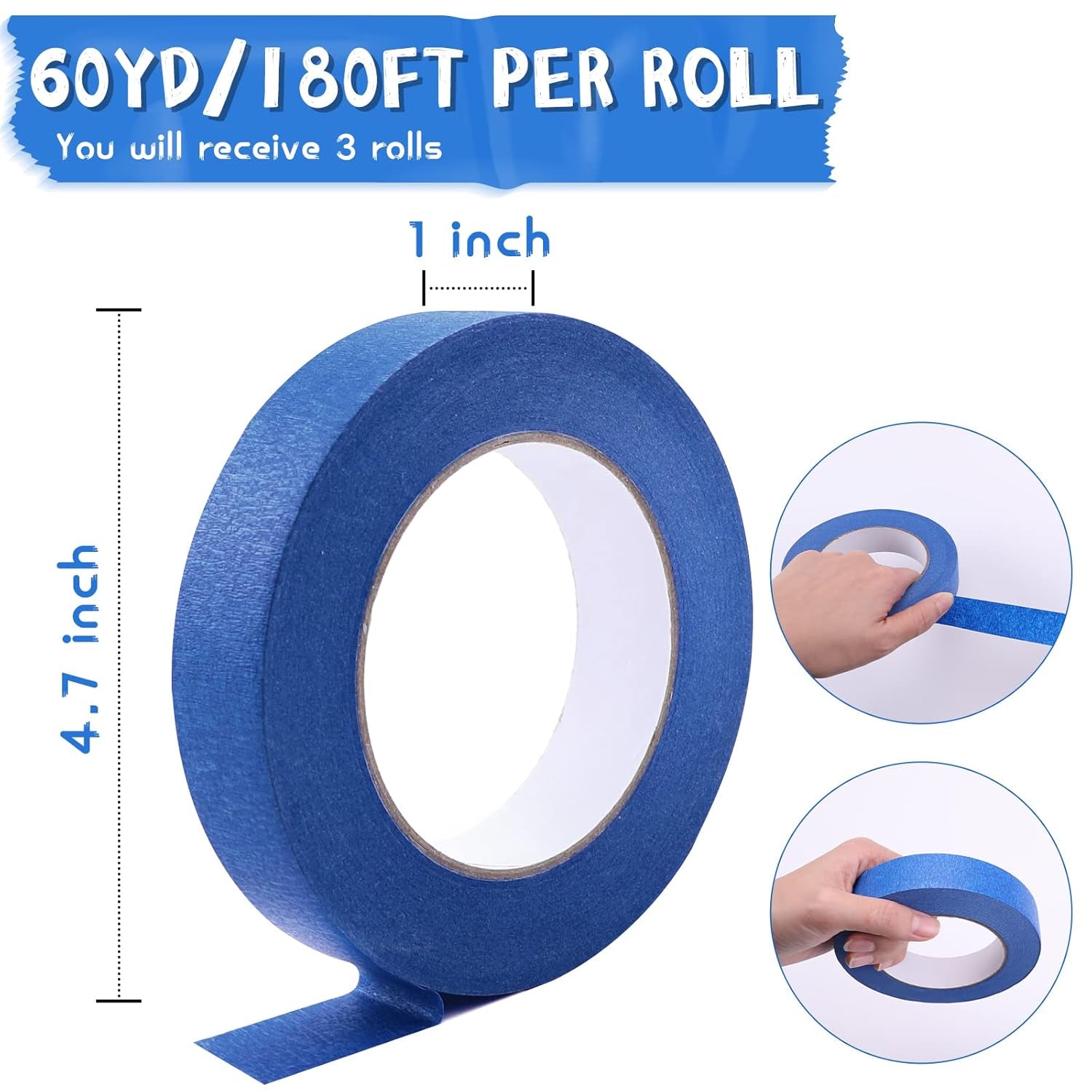 Blue Painters Tape - 1 Inch X 60 Yards X 3 Rolls Masking Tape, Multi-Surface Painters Tape, Paint Tape for Wall, Painting, Craft, Art Supplies, Clean Release Painter'S Blue Tape