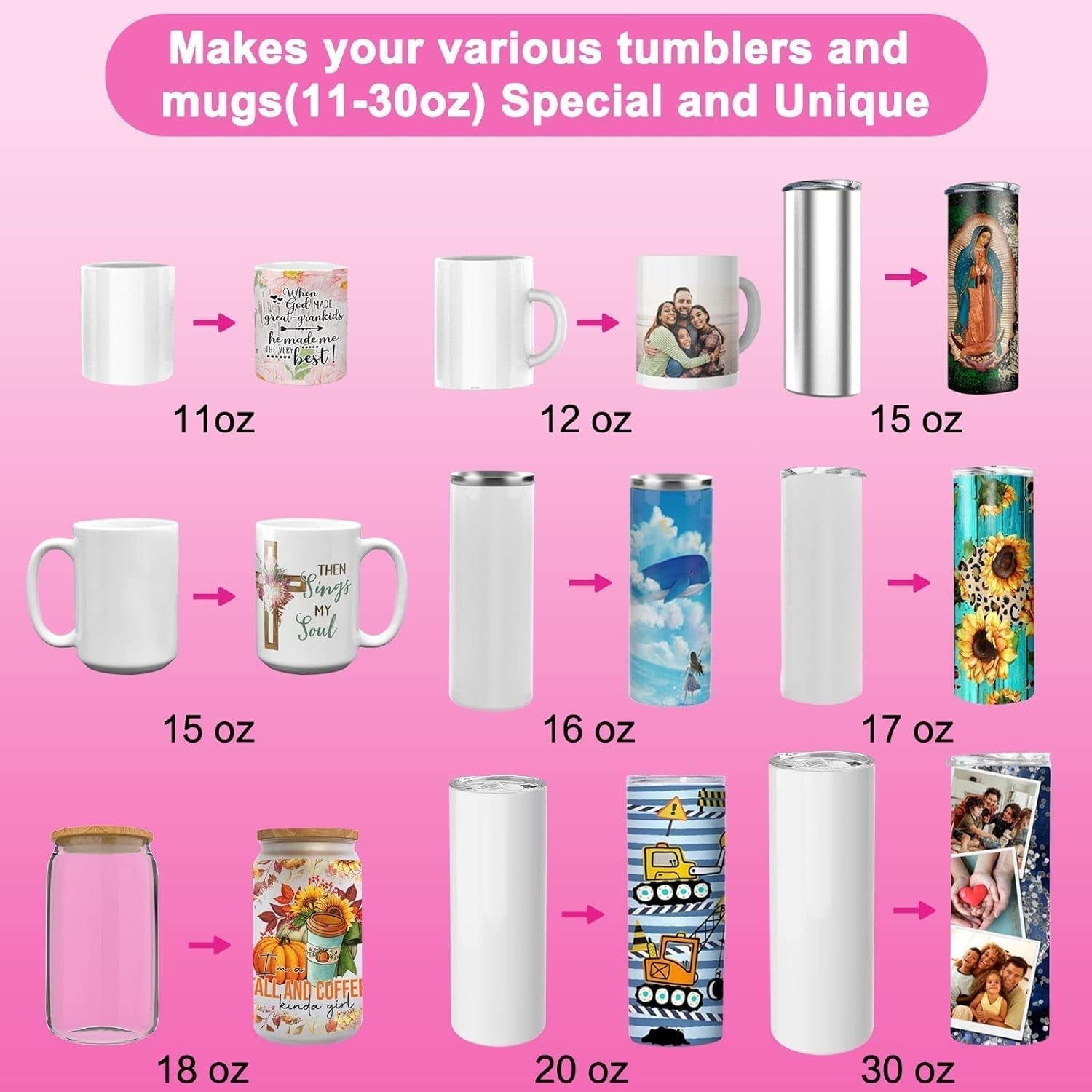 Upgraded 30Oz Tumbler Mug Heat Press Machine Pink with 4 Memory Models for 10Oz-30Oz Sublimation Blanks Skinny Tumblers DIY Presser Mug Coffee Cup Straight Blanks Glass Cans