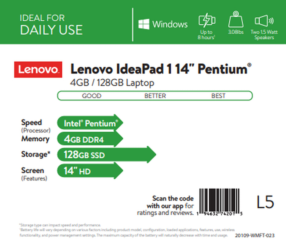 Ideapad 1 14.0" Laptop, Intel Pentium Silver N5030 Quad-Core Processor, 4GB Memory, 128GB Solid State Drive, Windows 10S - Ice Blue - 81VU000JUS