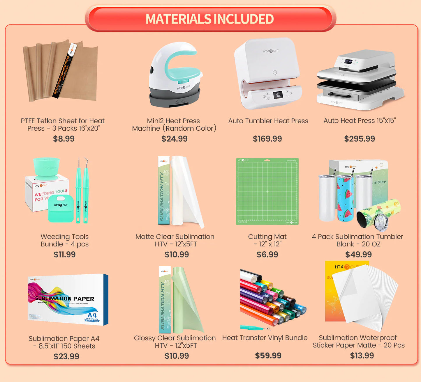 HTVRONT Auto+Tumbler Heat Press Machine + Materials Bundle