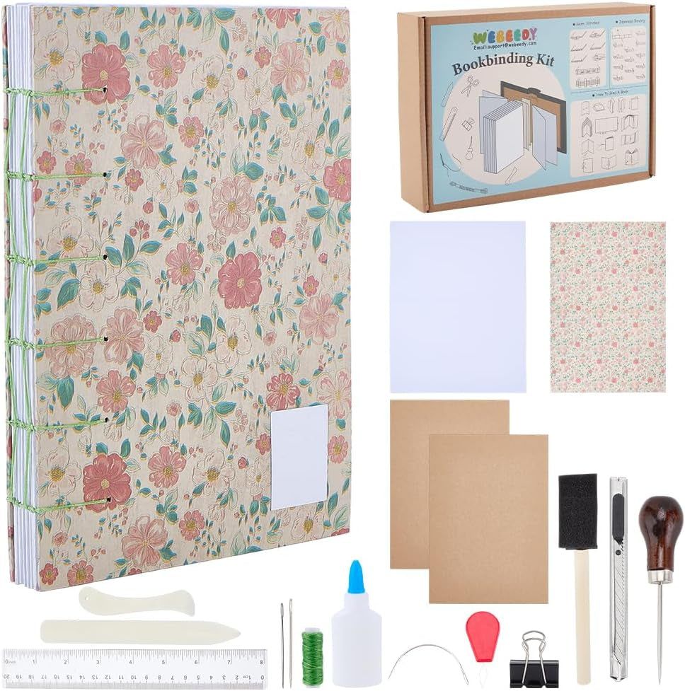 WEBEEDY DIY Coptic Stitch Bookbinding Kit for Beginners, Complete A5 Notebook Making Kit with Flower Cover, Bone Folder, A4 Papers, Needles, Tools, Diary Journal Making Supplies Handmade Gift