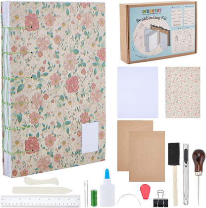 WEBEEDY DIY Coptic Stitch Bookbinding Kit for Beginners, Complete A5 Notebook Making Kit with Flower Cover, Bone Folder, A4 Papers, Needles, Tools, Diary Journal Making Supplies Handmade Gift
