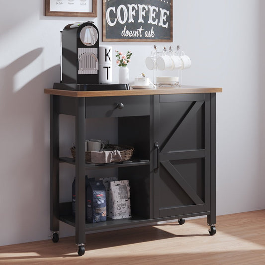 Farmhouse Kitchen Cart with Storage, Rolling Kitchen Cart on Wheels, Microwave Stand Coffee Cart, Black