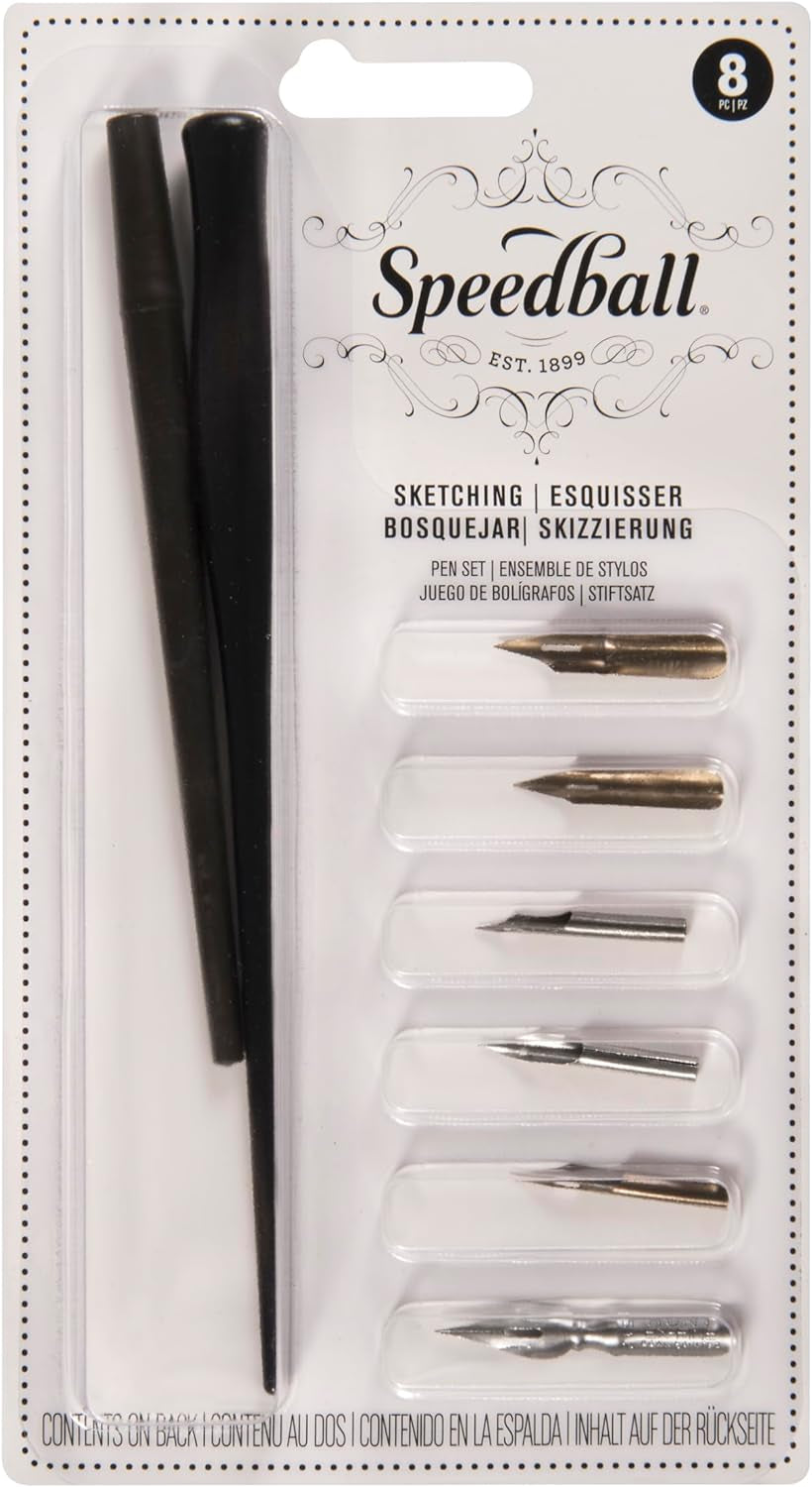 Speedball Sketching Set with Penholders and Pens, Set of 8 (SB2964), Black