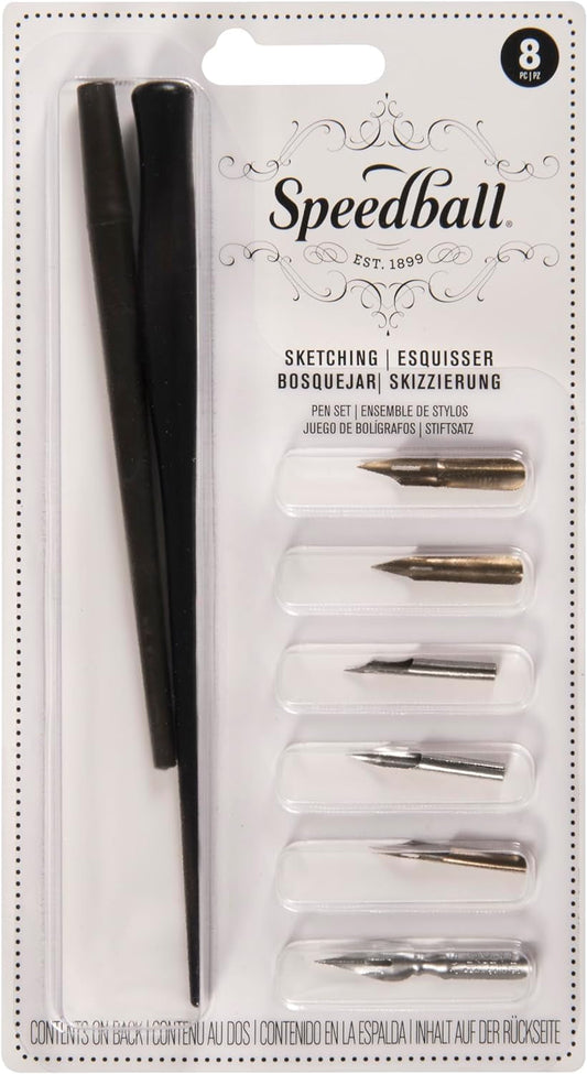 Speedball Sketching Set with Penholders and Pens, Set of 8 (SB2964), Black