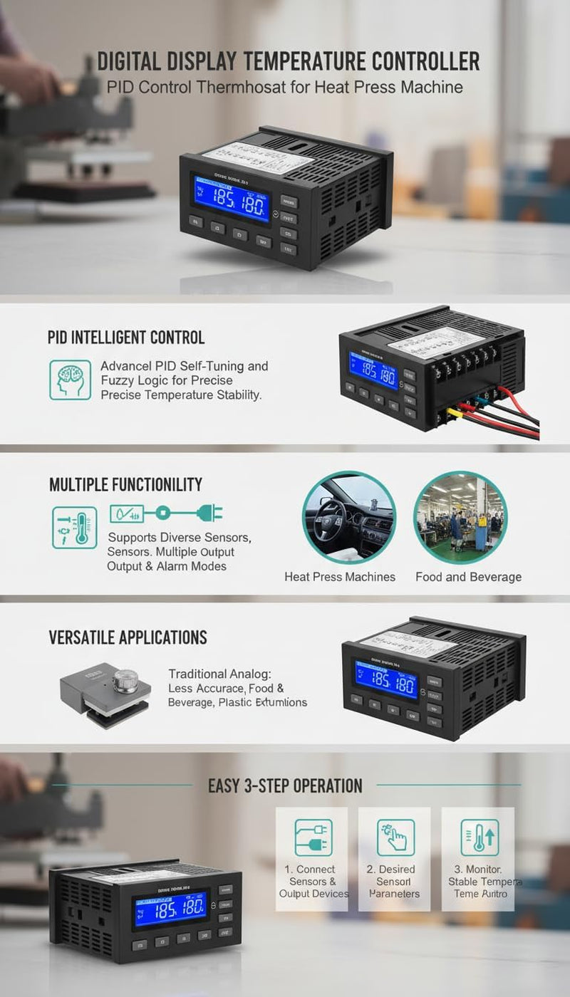 Digital Display Heat Press Temperature Controller Kit with PID Control for Heat Press Machines100-240V Adjustable Thermostat for Automotive Apparel Heat Transfer