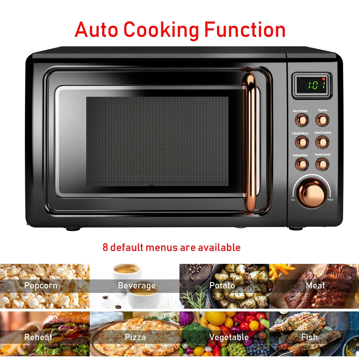 0.7Cu.Ft Retro Countertop Microwave Oven 700W LED Display Glass Turntable Rose Gold