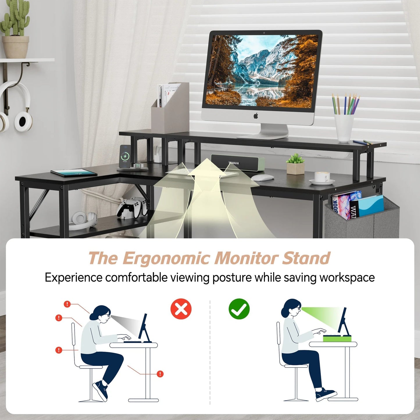 L-Shaped Office Desk with Power Outlets & LED Lights, 47" Computer Desk with Monitor Stand, Black