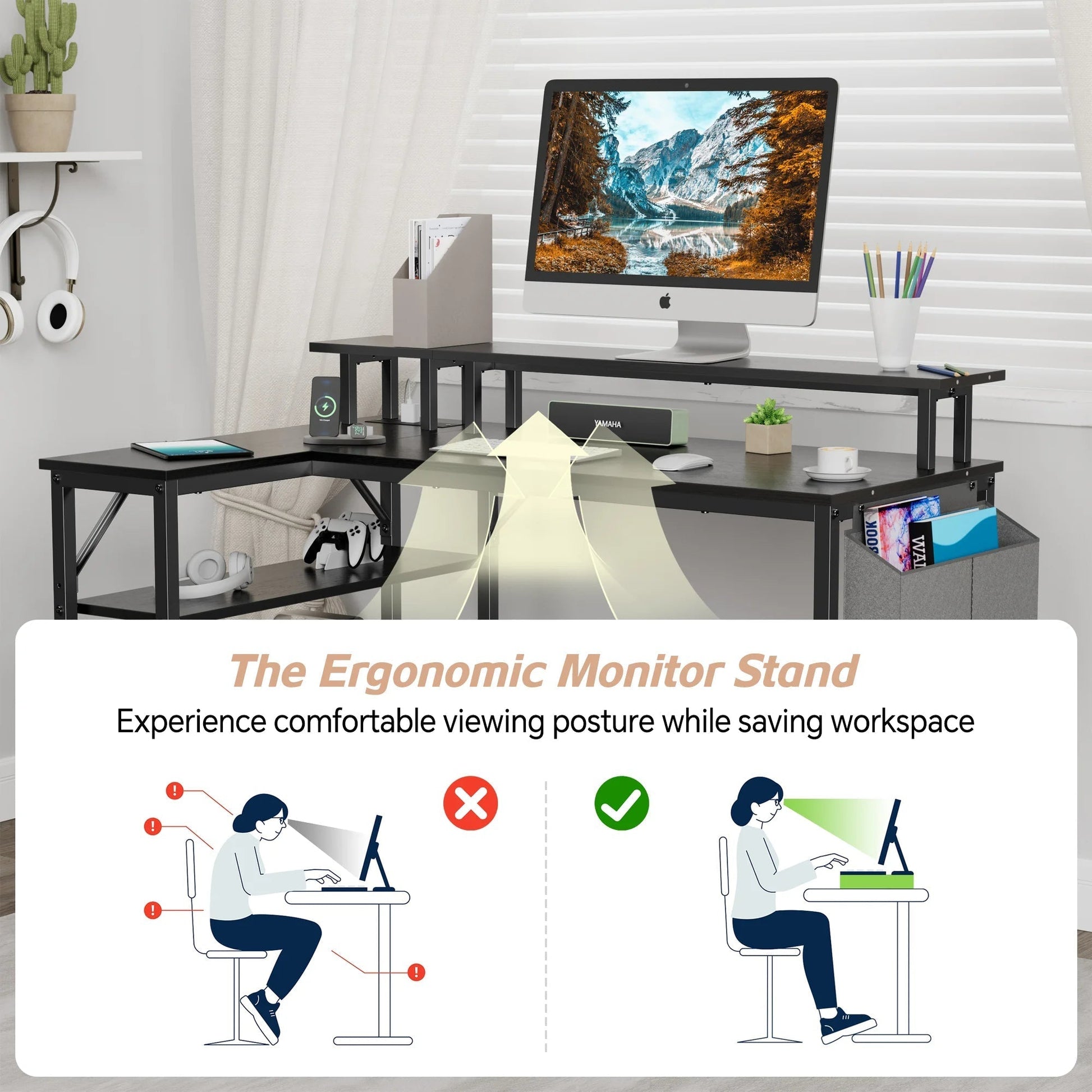 L-Shaped Office Desk with Power Outlets & LED Lights, 47" Computer Desk with Monitor Stand, Black
