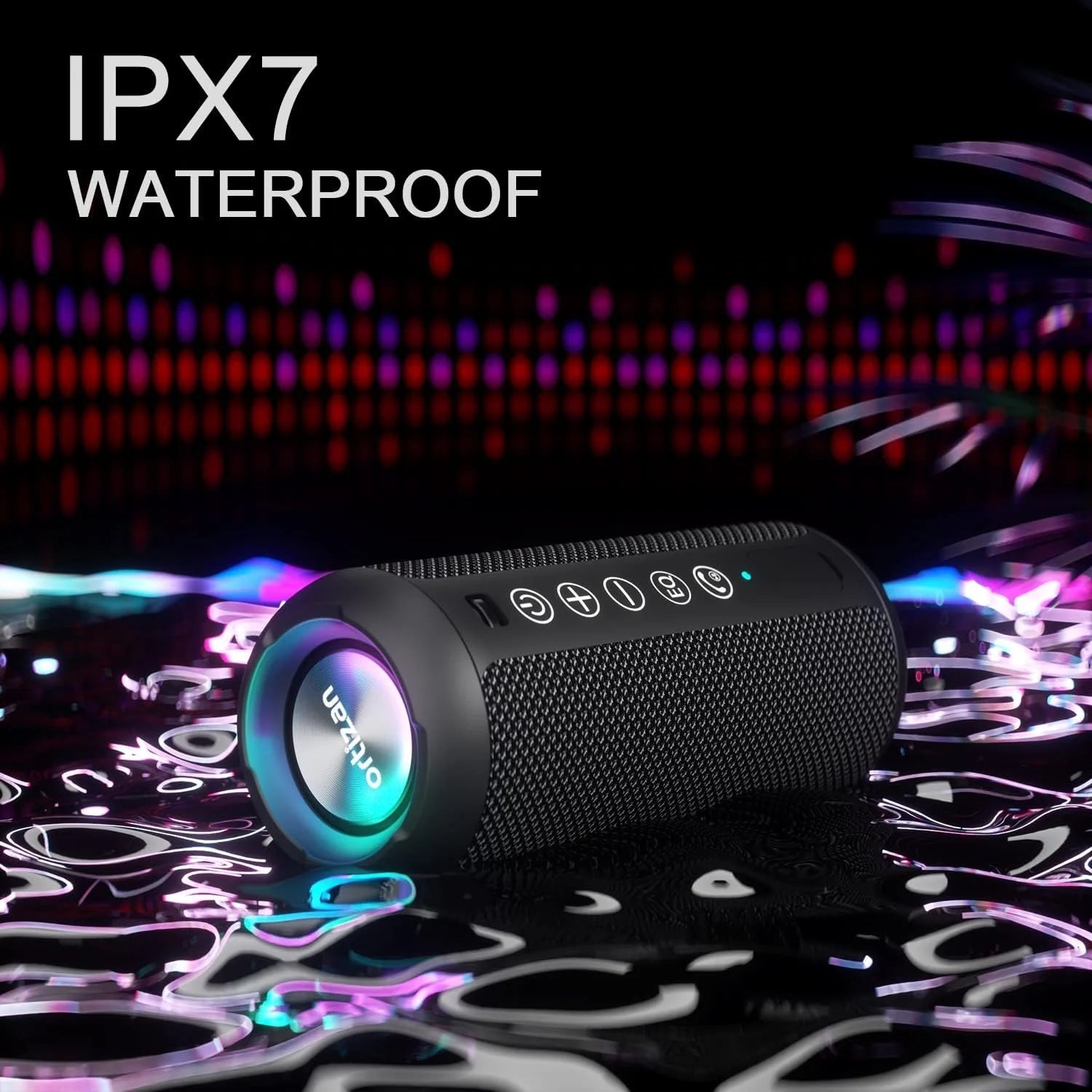 Wireless Portable Speaker,Ipx7 Waterproof Bluetooth Speaker, 24W Loud Stereo Sound, Bassboom Technology, TWS Pairing, Built-In Mic, 30H Playtime with Lights for Home Outdoor - Black