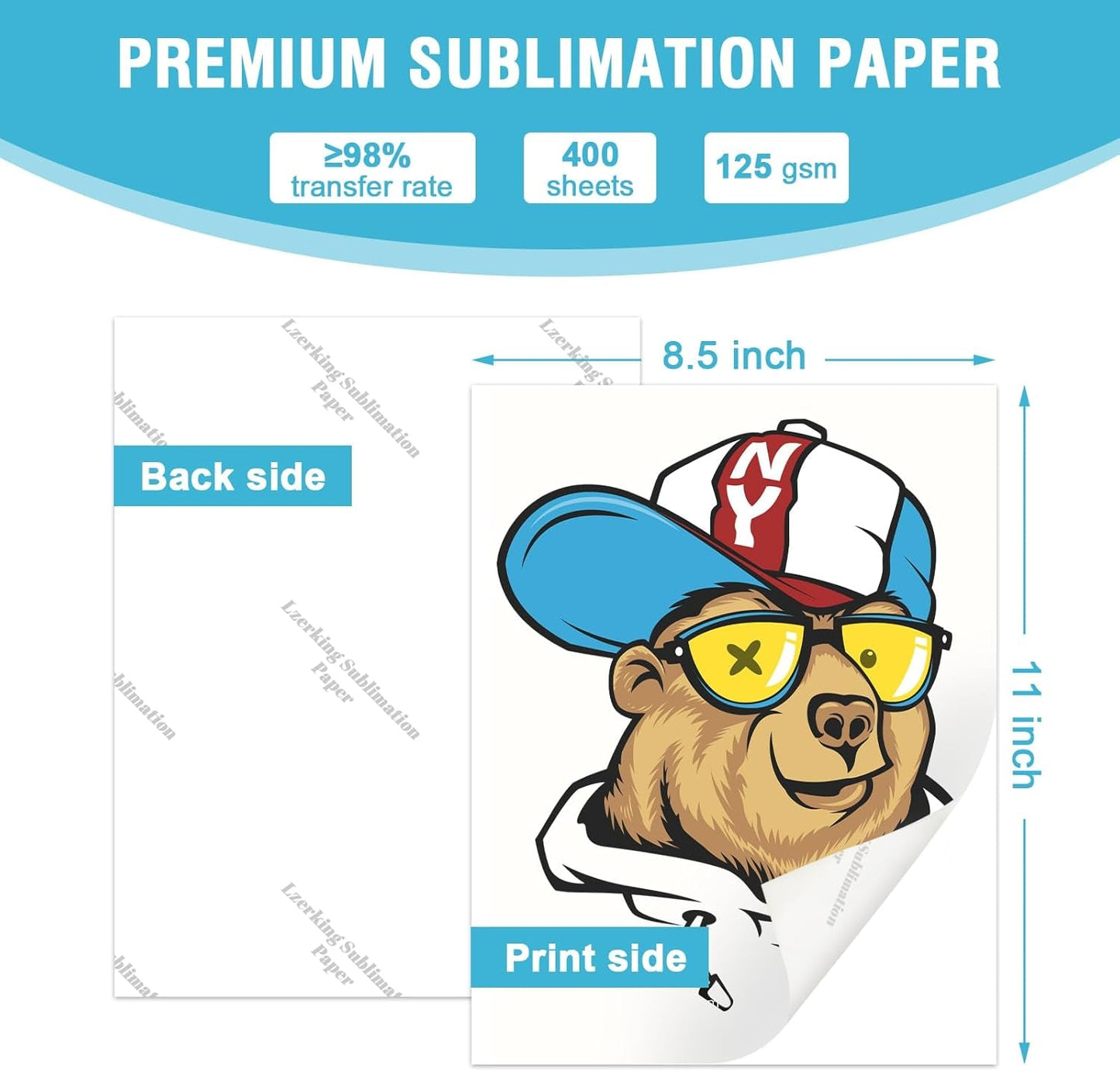 Lzerking Sublimation Paper 8.5X11 Inch 125Gsm 400 Sheets, Heat Transfer Paper for Inkjet Printers - Ideal for Various Coatings, DIY Projects, T-Shirts, Phone Cases, Mugs