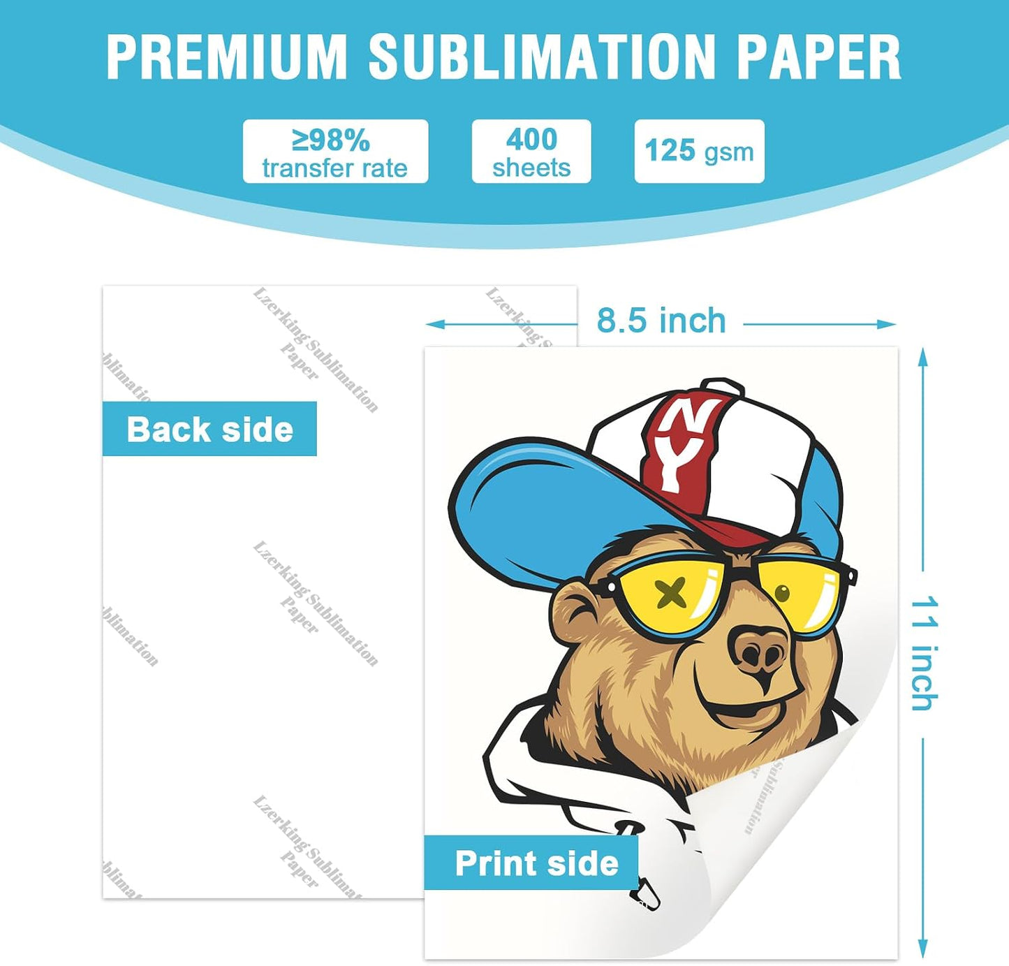 Lzerking Sublimation Paper 8.5X11 Inch 125Gsm 400 Sheets | Heat Transfer Paper for Inkjet Printers - Ideal for Various Coatings, DIY Projects, T-Shirts, Phone Cases, Mugs